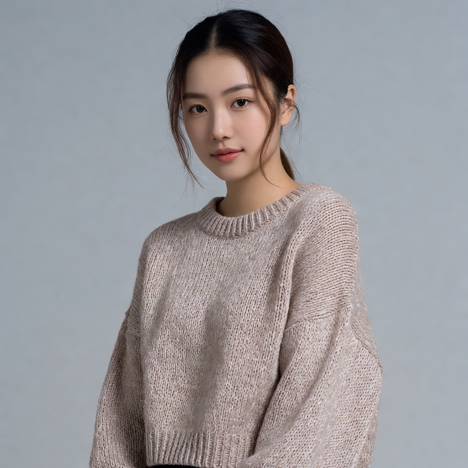 Asian woman in beige sweater Asian woman in beige sweater