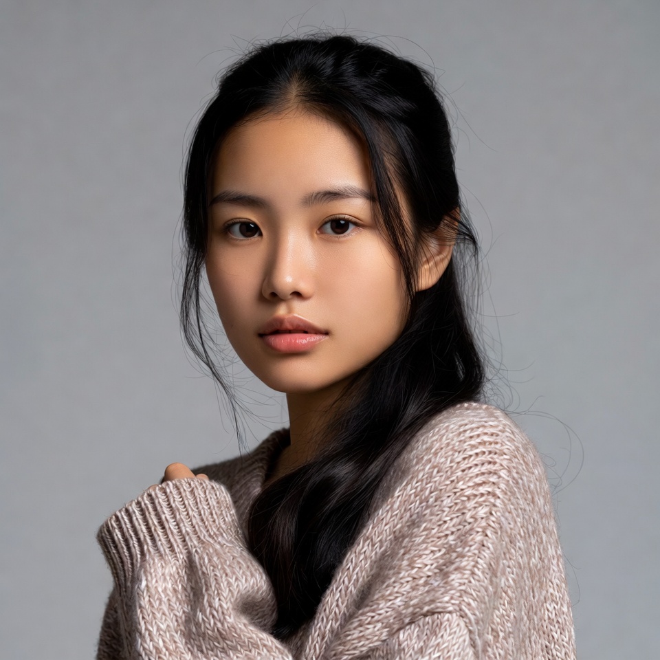 Asian woman in gray sweater Asian woman in gray sweater