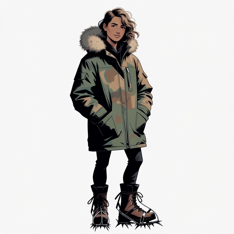 Woman in camo parka with crampons Woman in camo parka with crampons