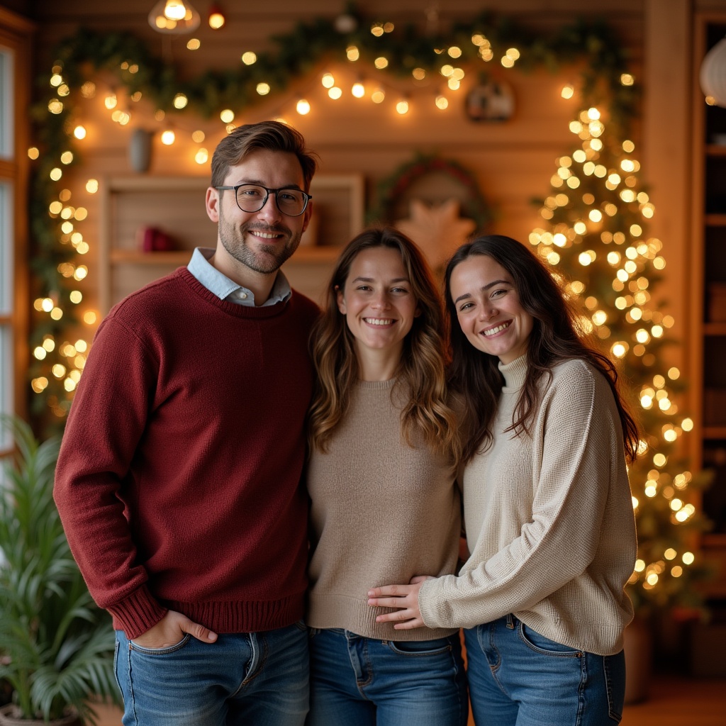 Smiling Family Posing by Christmas Tree Smiling Family Posing by Christmas Tree