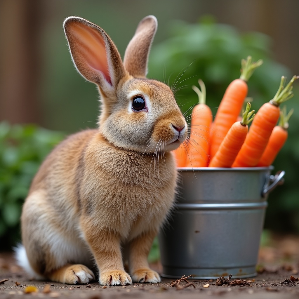 Rabbit sitting by carrots in bucket Rabbit sitting by carrots in bucket
