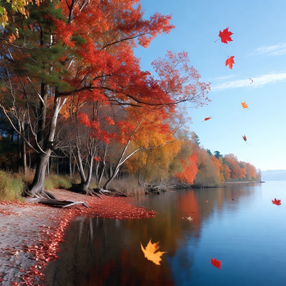 Autumn Trees by Lakeside with Falling Leaves Autumn Trees by Lakeside with Falling Leaves