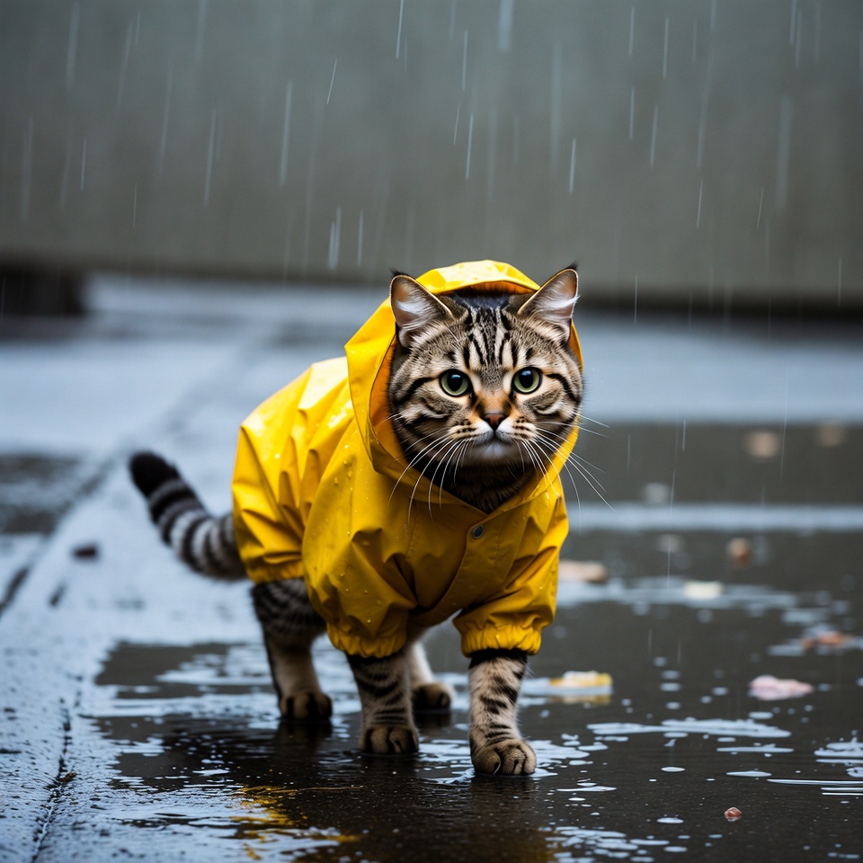 Cat wearing yellow raincoat in rain Cat wearing yellow raincoat in rain