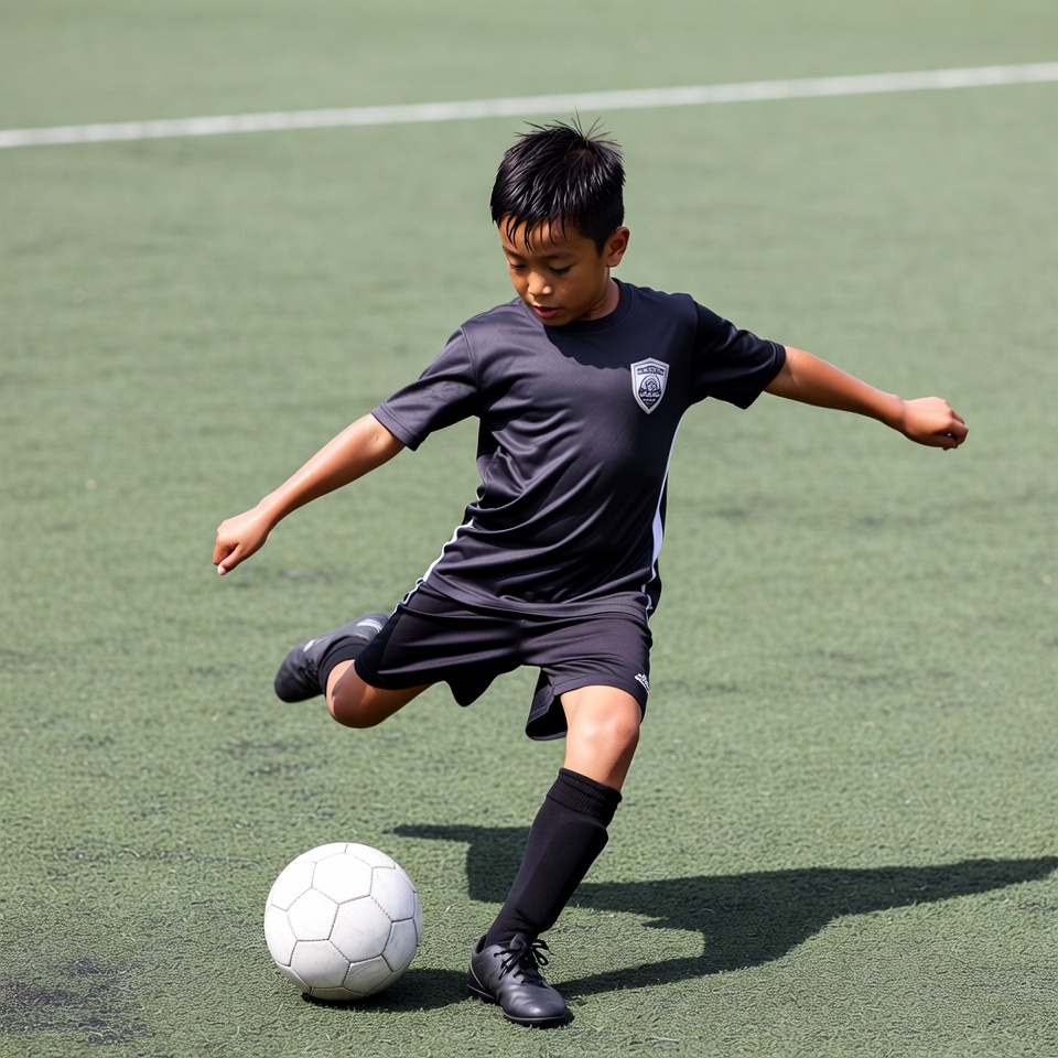 Asian boy kicking soccer ball Asian boy kicking soccer ball