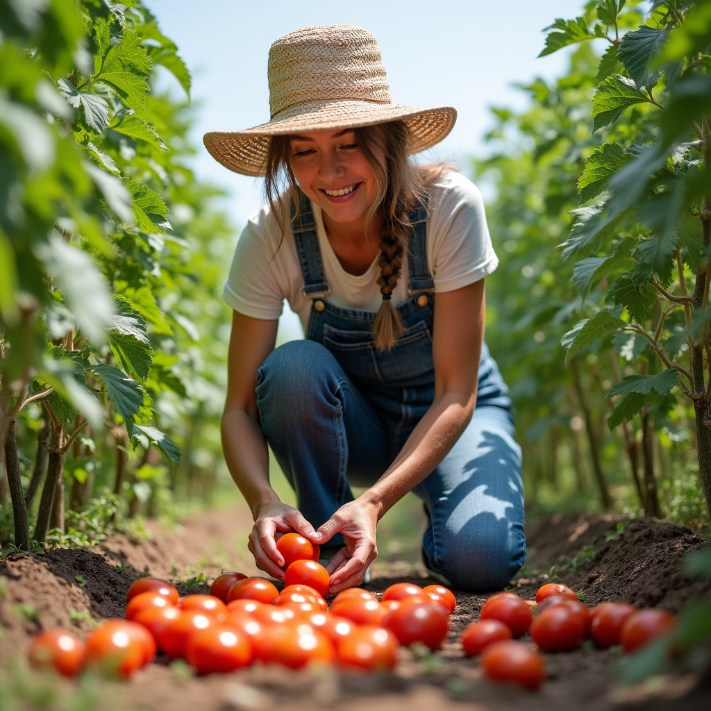 Woman picking tomatoes in garden Woman picking tomatoes in garden
