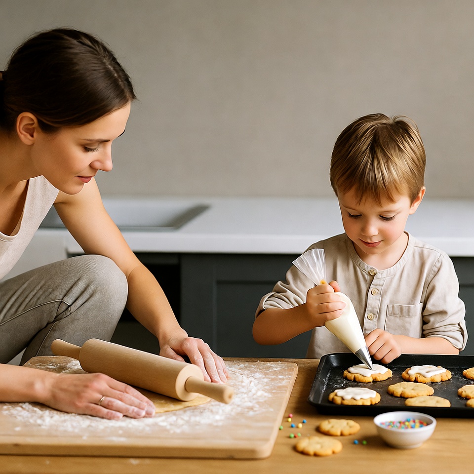 Mother and boy decorating cookies Mother and boy decorating cookies