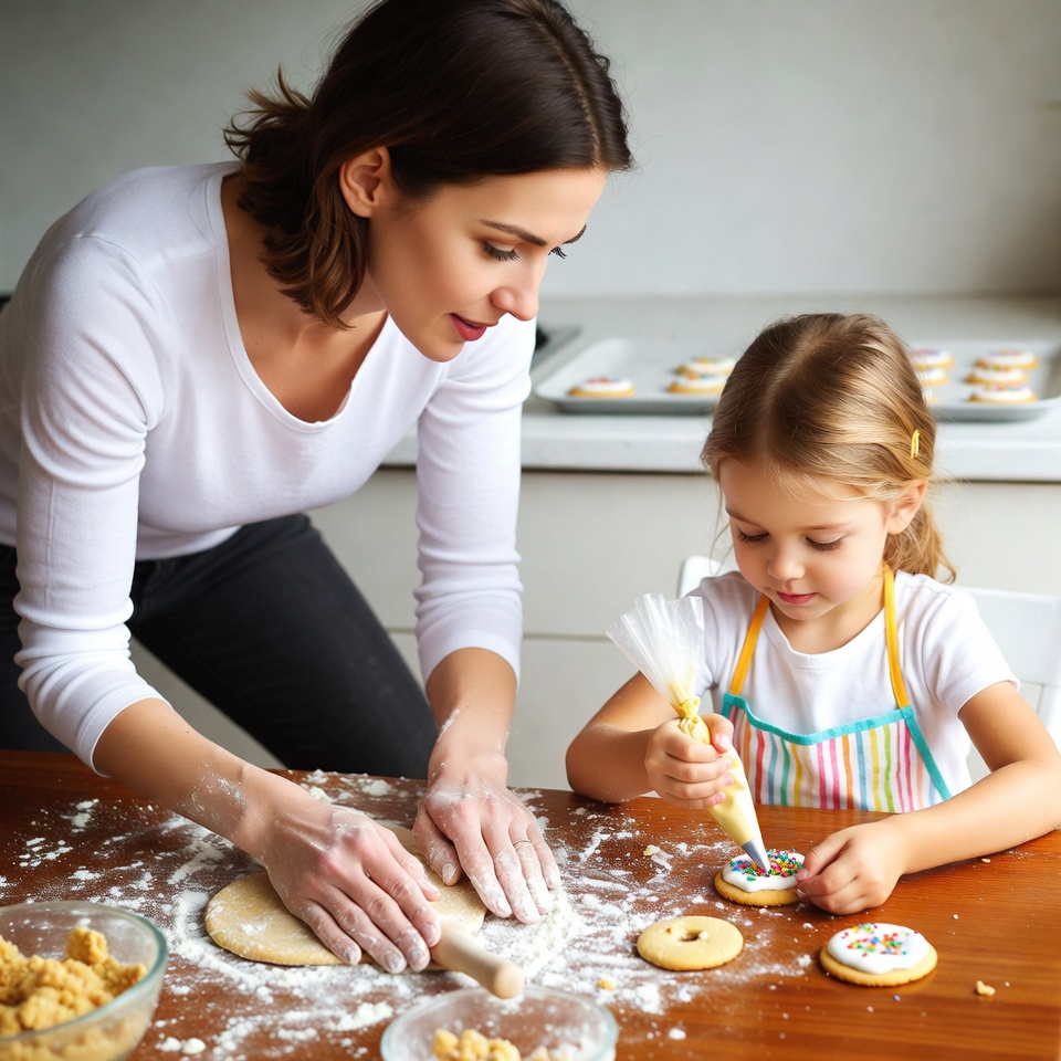 Mother and daughter baking donuts Mother and daughter baking donuts