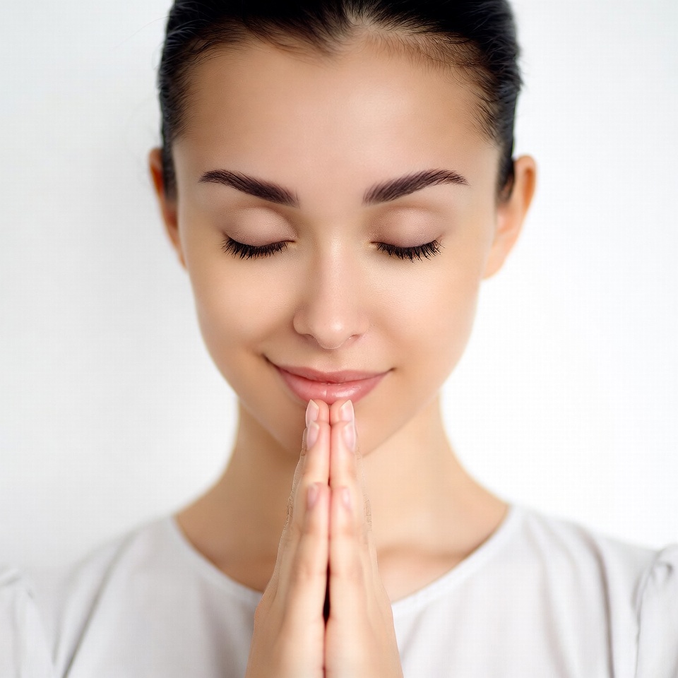 Woman praying with hands clasped Woman praying with hands clasped