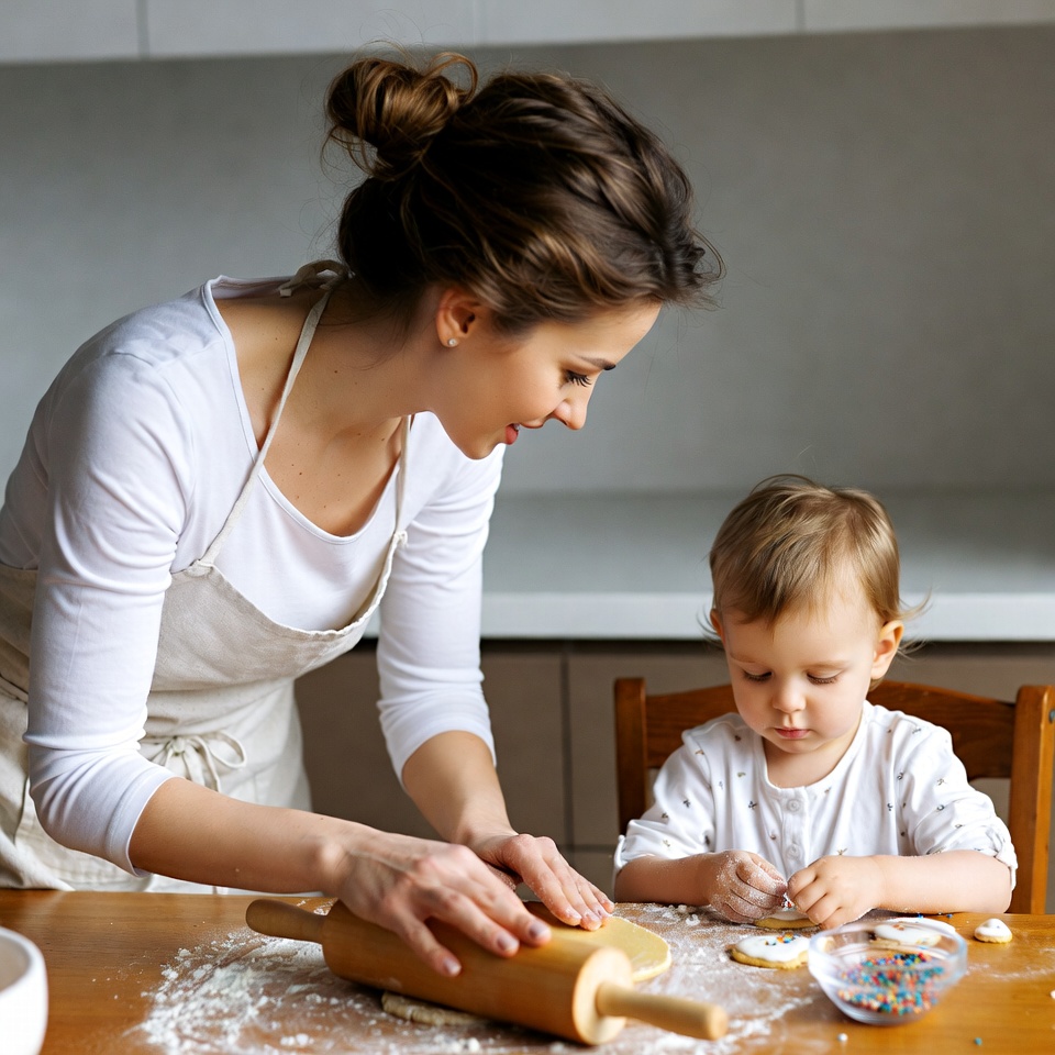Mother and toddler rolling dough Mother and toddler rolling dough