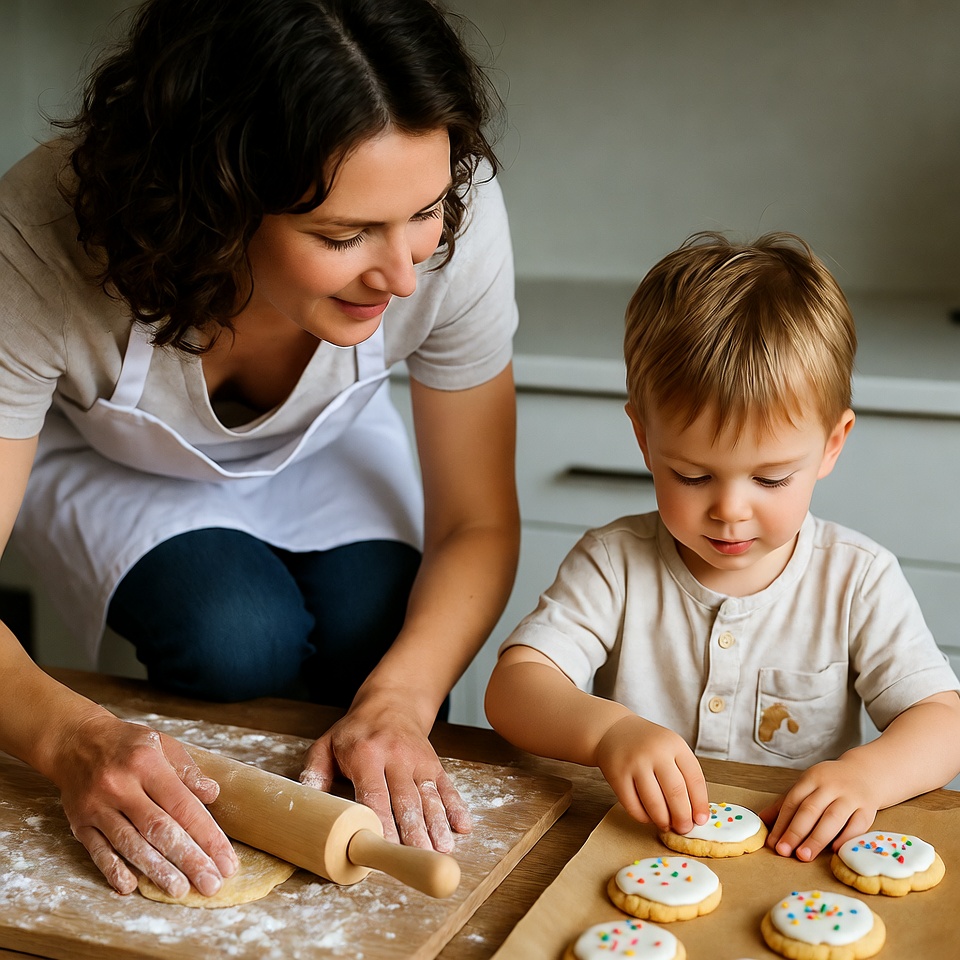 Mother and boy rolling dough cookies Mother and boy rolling dough cookies