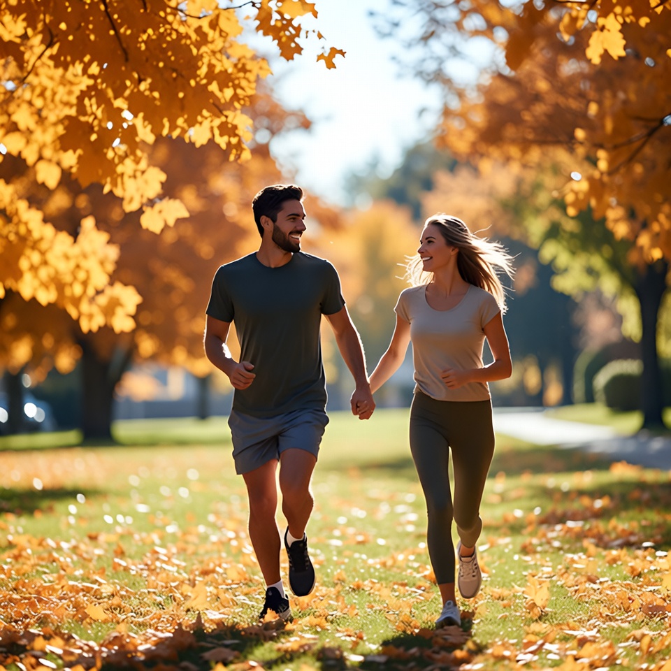 Couple jogging through autumn park Couple jogging through autumn park