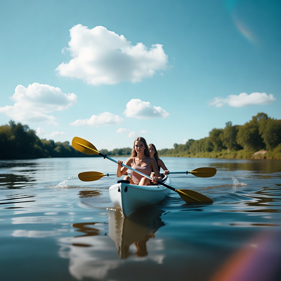 Two women kayaking on river Two women kayaking on river