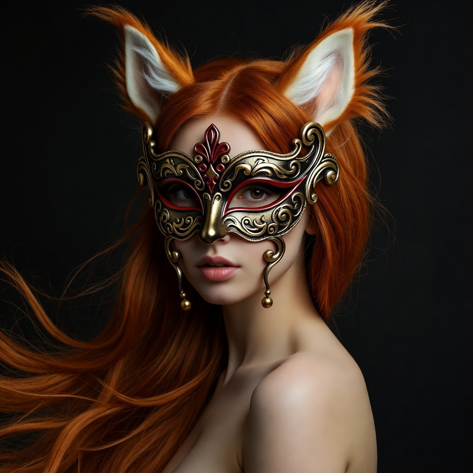 Redhead woman in fox ears mask Redhead woman in fox ears mask