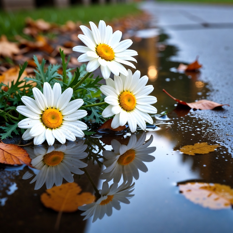 White Daisies on Wet Pavement with Fall Leaves White Daisies on Wet Pavement with Fall Leaves