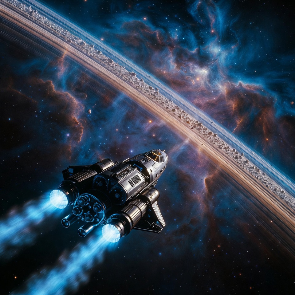 Spaceship Flying Near Saturn Rings Spaceship Flying Near Saturn Rings