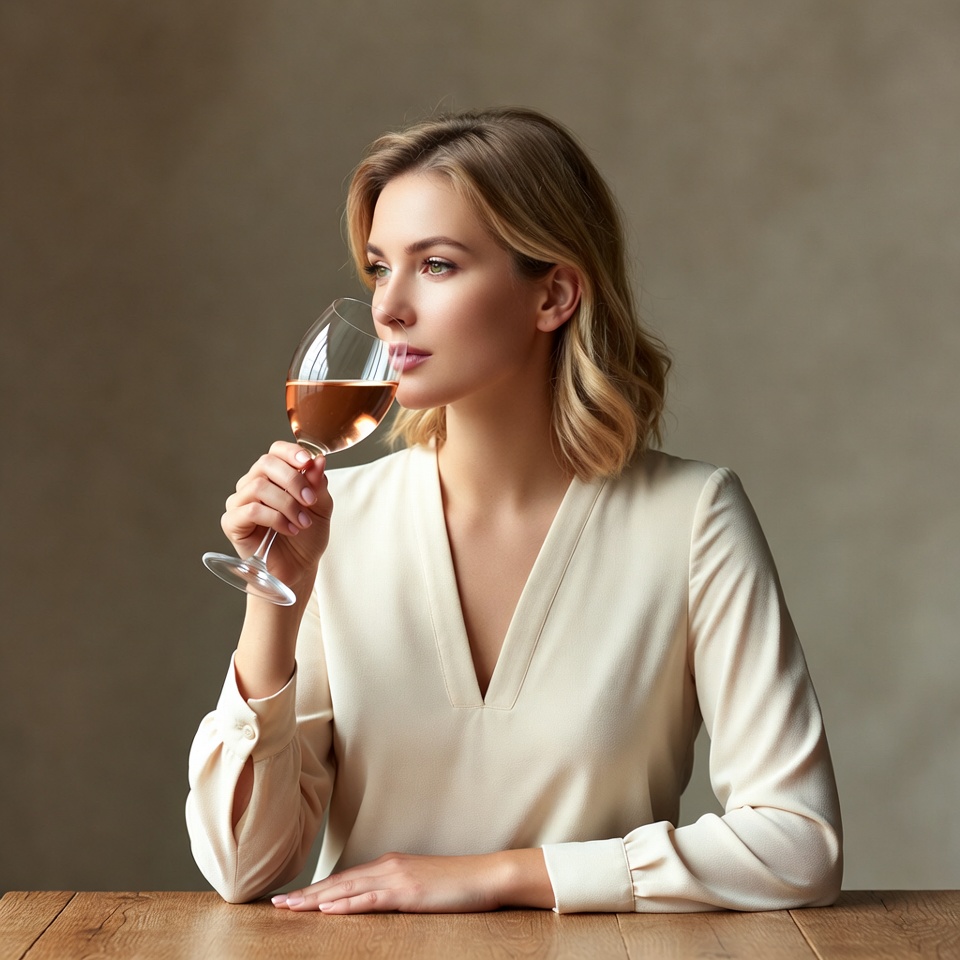 Woman sipping rose wine Woman sipping rose wine