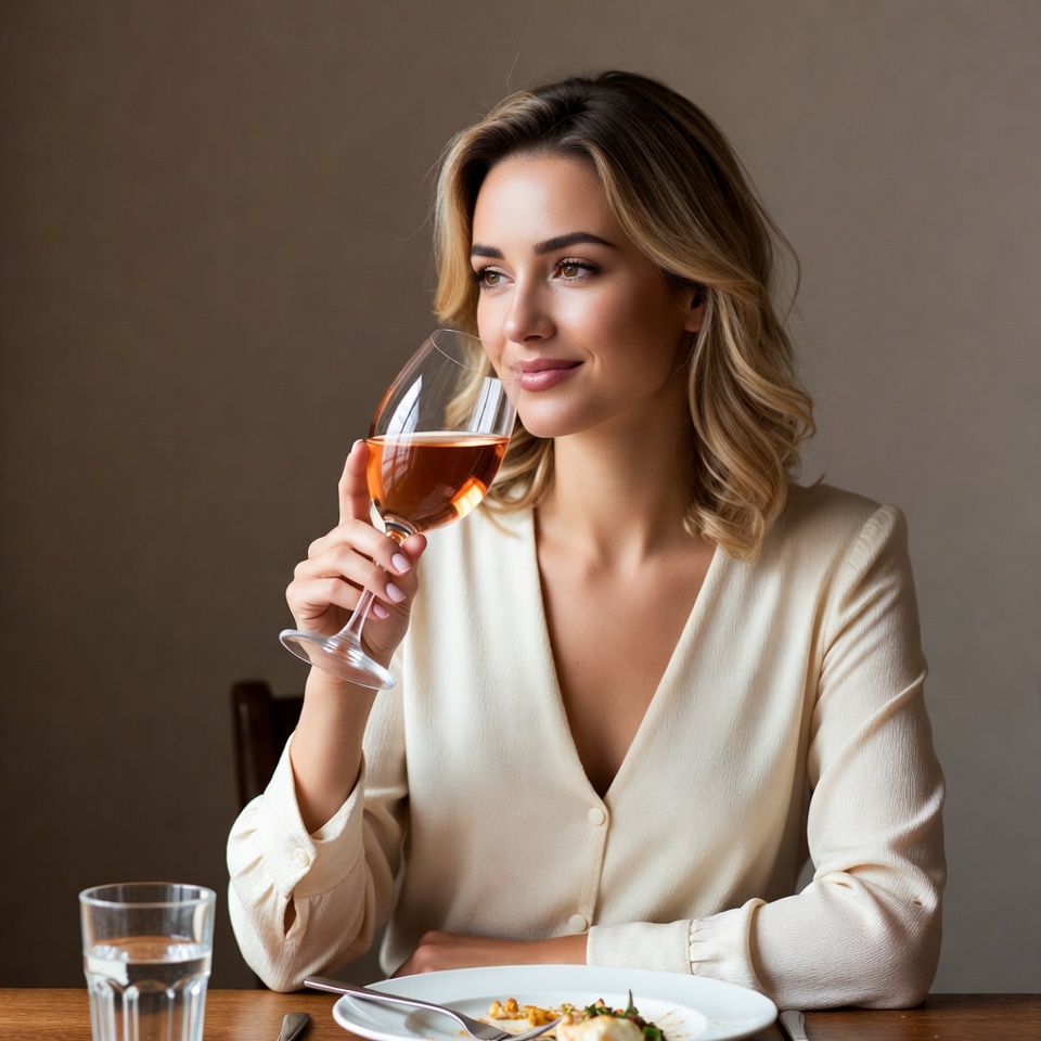 Blonde woman sipping wine at table Blonde woman sipping wine at table