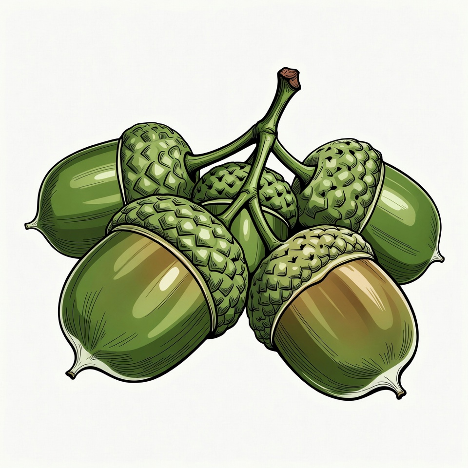 Cluster of Green Acorns on Branch Cluster of Green Acorns on Branch