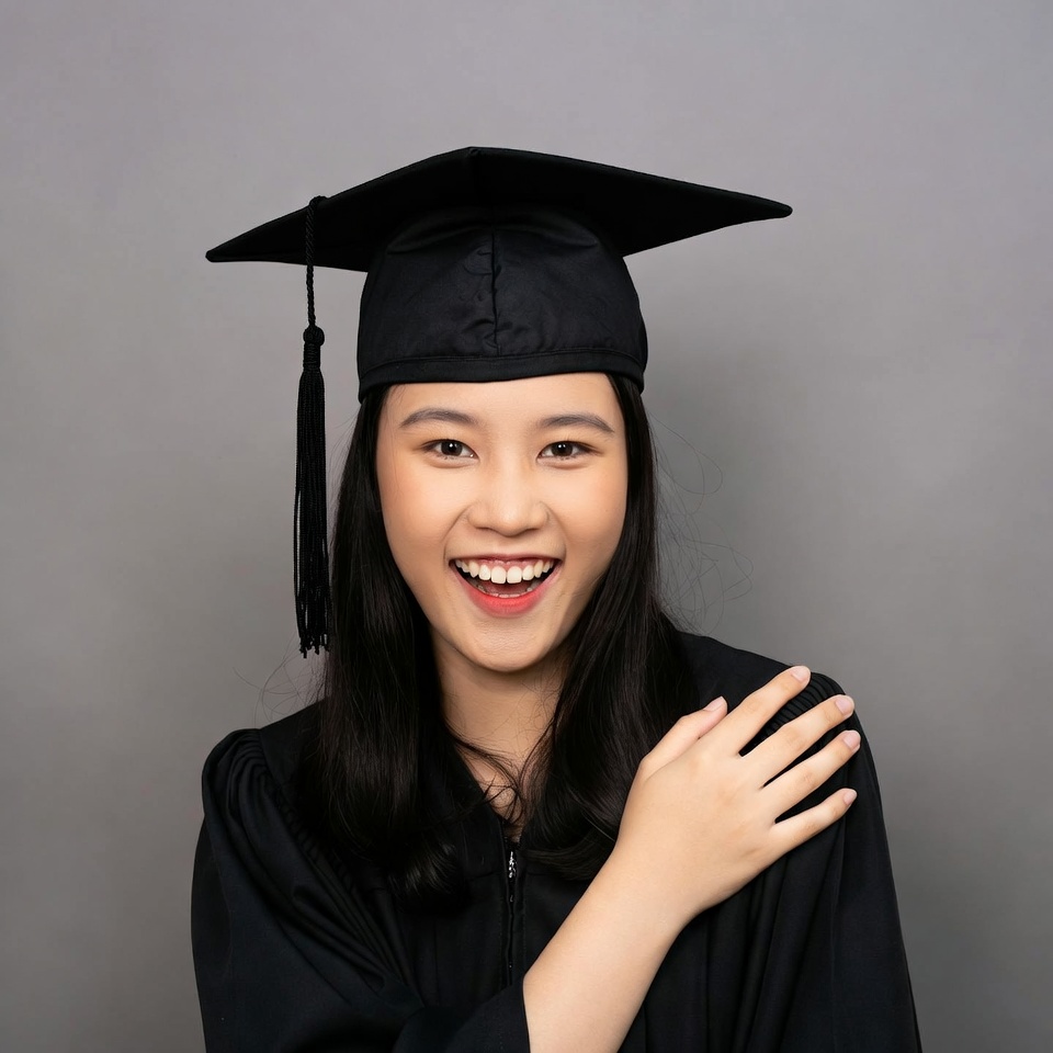 Asian woman in graduation gown smiling Asian woman in graduation gown smiling