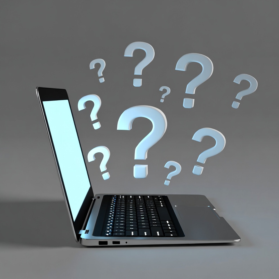Laptop with floating question marks Laptop with floating question marks