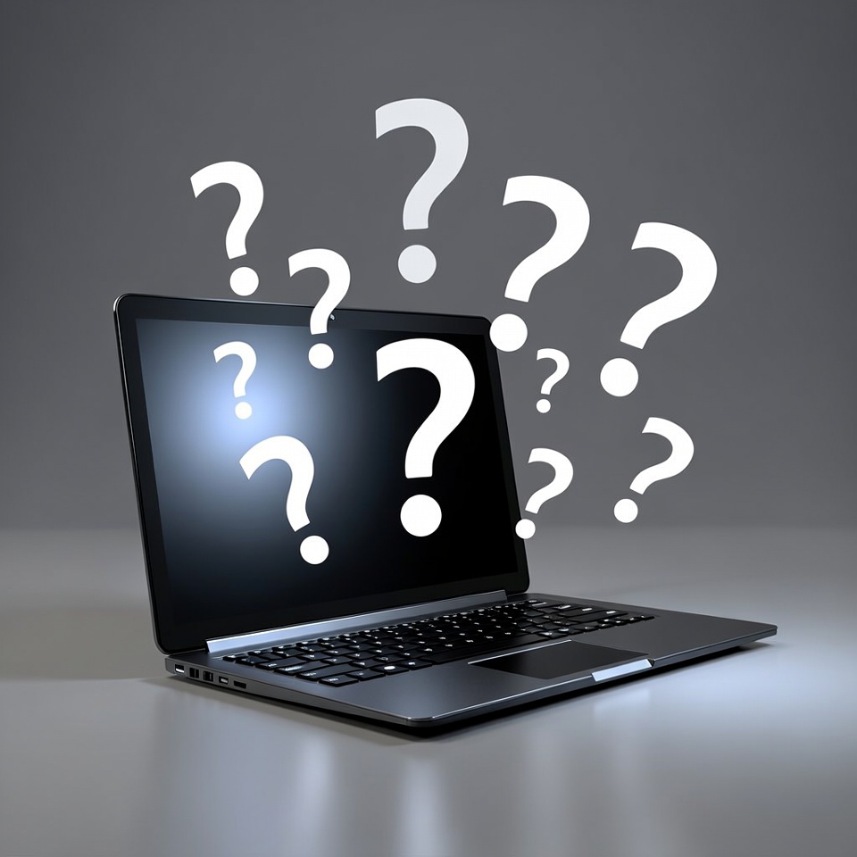 Laptop with floating question marks Laptop with floating question marks