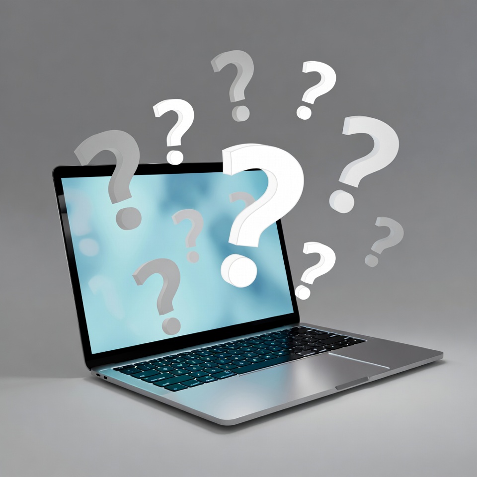 Laptop surrounded by question marks Laptop surrounded by question marks