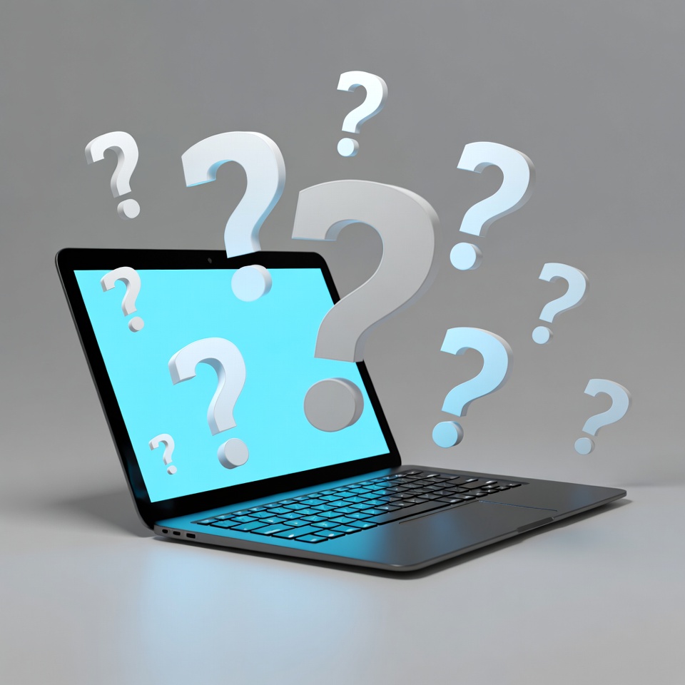 Laptop with floating question marks Laptop with floating question marks