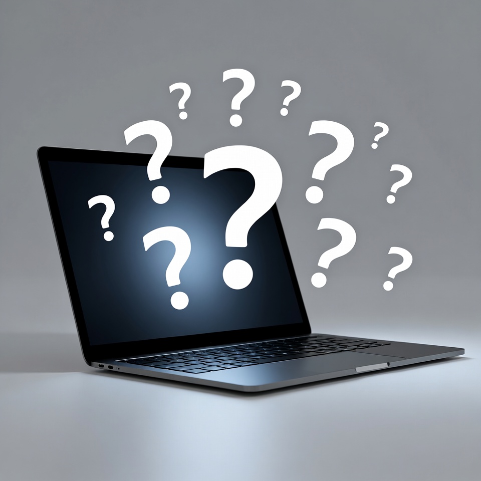 Laptop with floating question marks Laptop with floating question marks