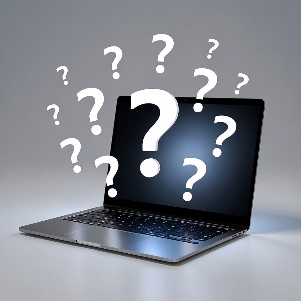 Laptop surrounded by question marks Laptop surrounded by question marks