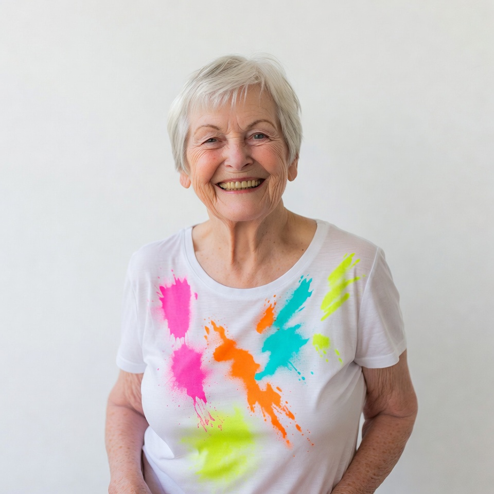 Elderly woman in neon paint splatter shirt Elderly woman in neon paint splatter shirt