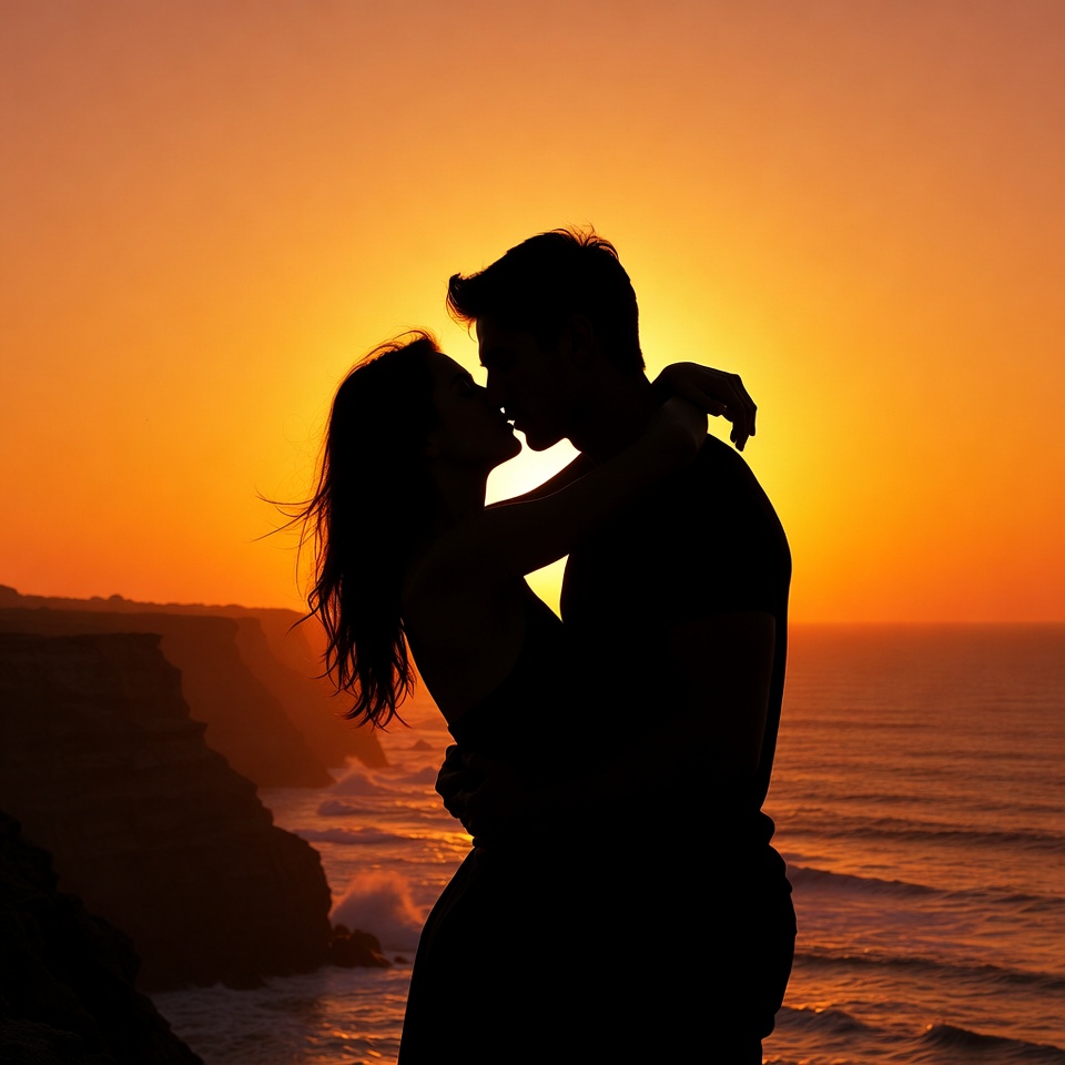 Silhouette couple kissing at sunset Silhouette couple kissing at sunset
