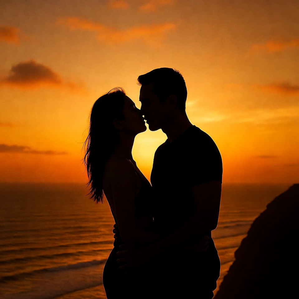 Silhouette couple kissing at sunset Silhouette couple kissing at sunset