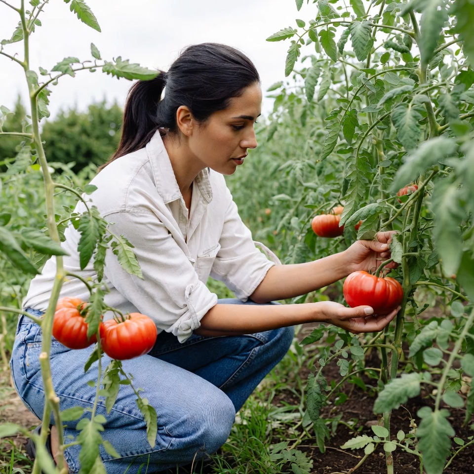 Woman picking tomato in garden Woman picking tomato in garden