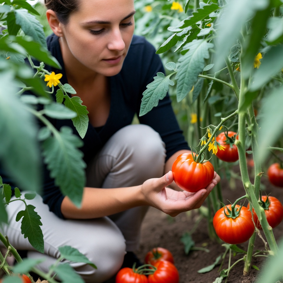 Woman picking tomato in garden Woman picking tomato in garden