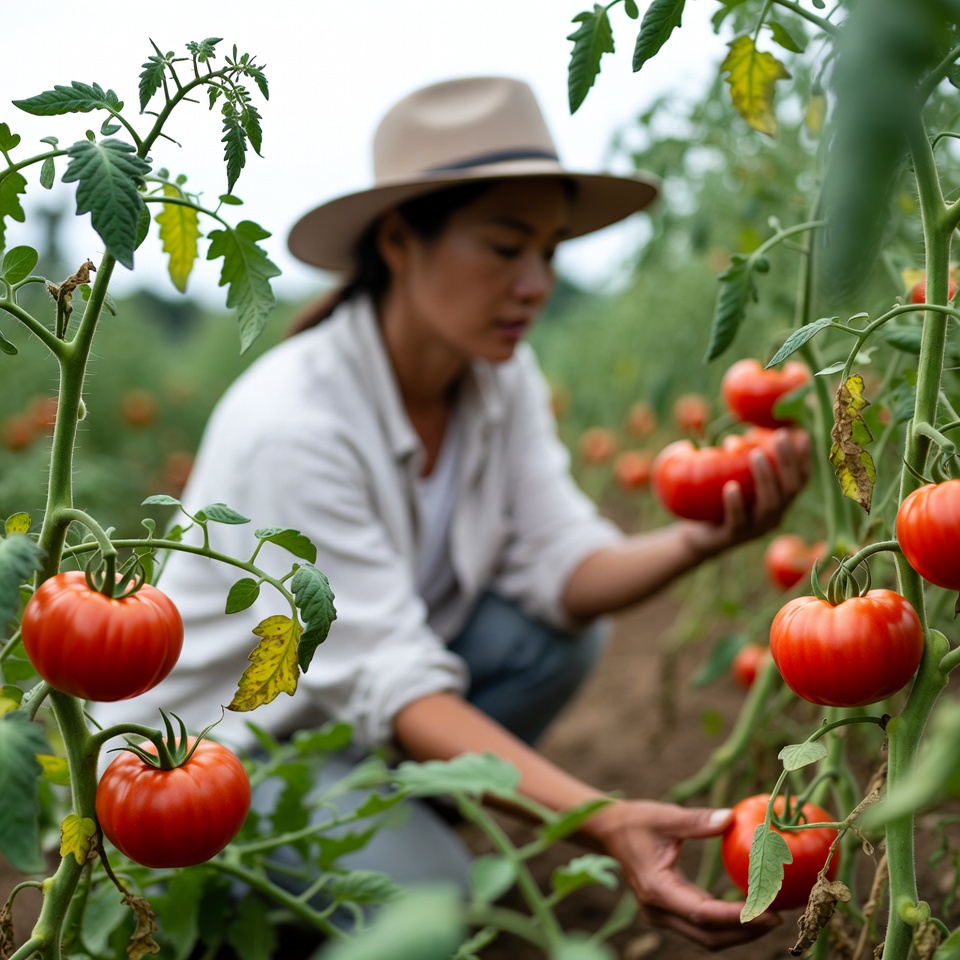 Asian woman picking tomatoes in field Asian woman picking tomatoes in field