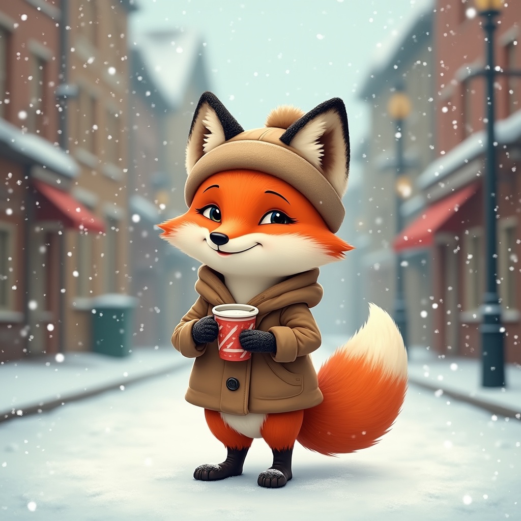 Cute Fox Holding Coffee in Snowy Street Cute Fox Holding Coffee in Snowy Street