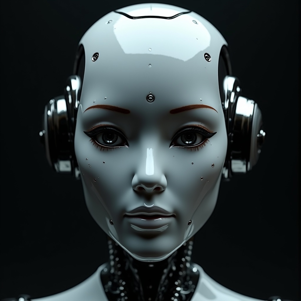 Female robot with headphones Female robot with headphones