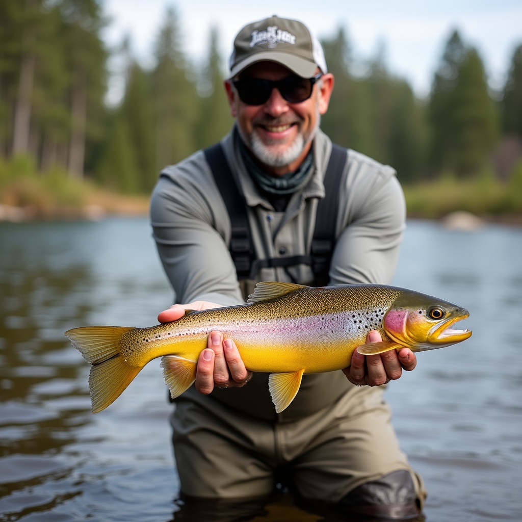 Man holding trout by river Man holding trout by river
