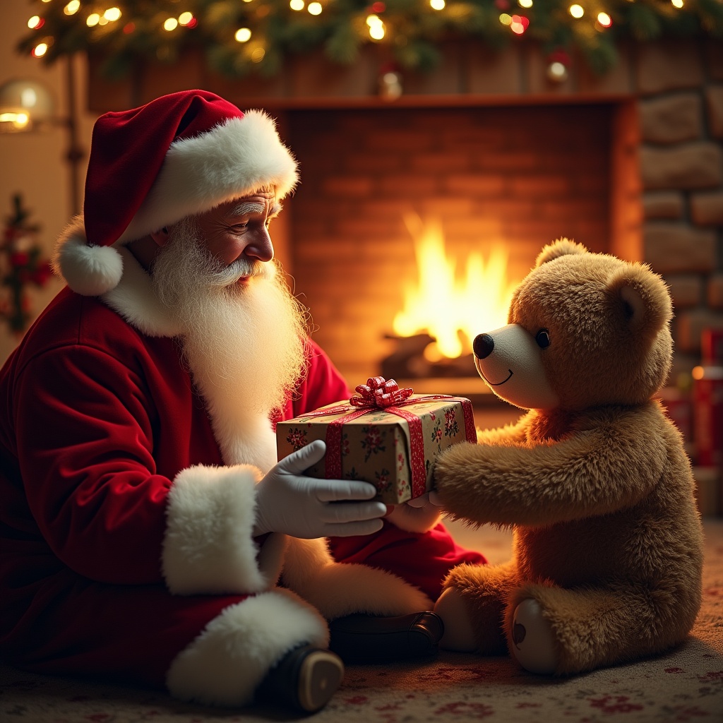Santa Claus giving teddy bear gift Santa Claus giving teddy bear gift