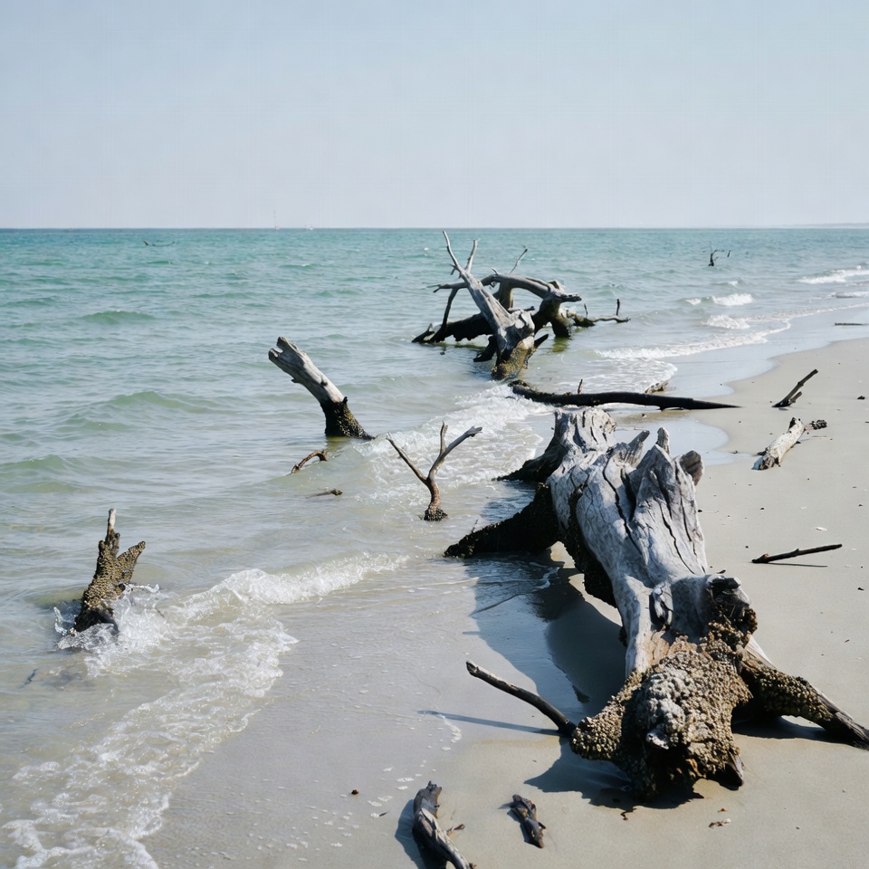 Driftwood on sandy beach shore Driftwood on sandy beach shore