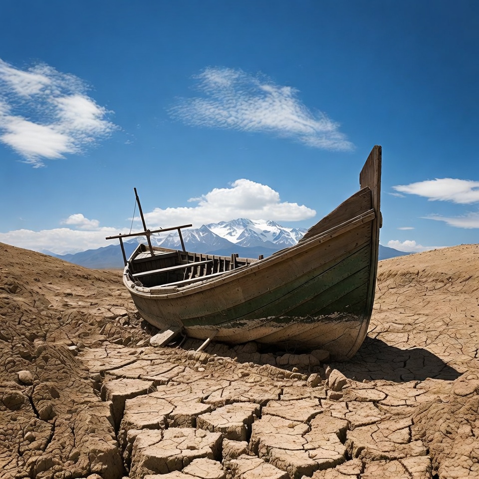Old boat stranded on cracked dry lakebed Old boat stranded on cracked dry lakebed