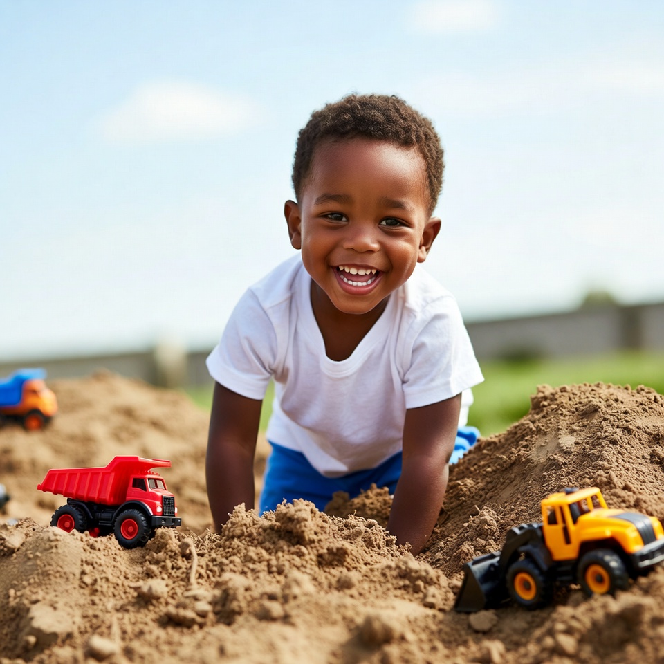 African-American boy playing with toy trucks African-American boy playing with toy trucks