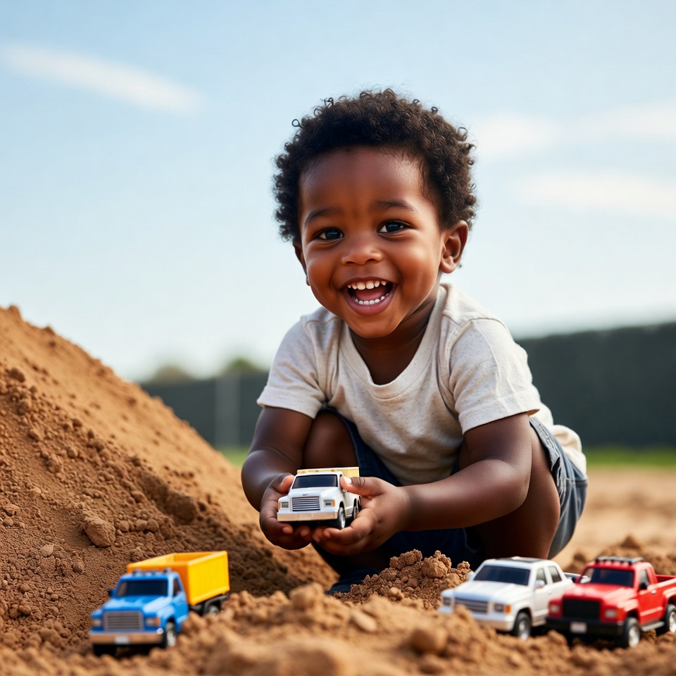 African-American boy playing with toy trucks African-American boy playing with toy trucks