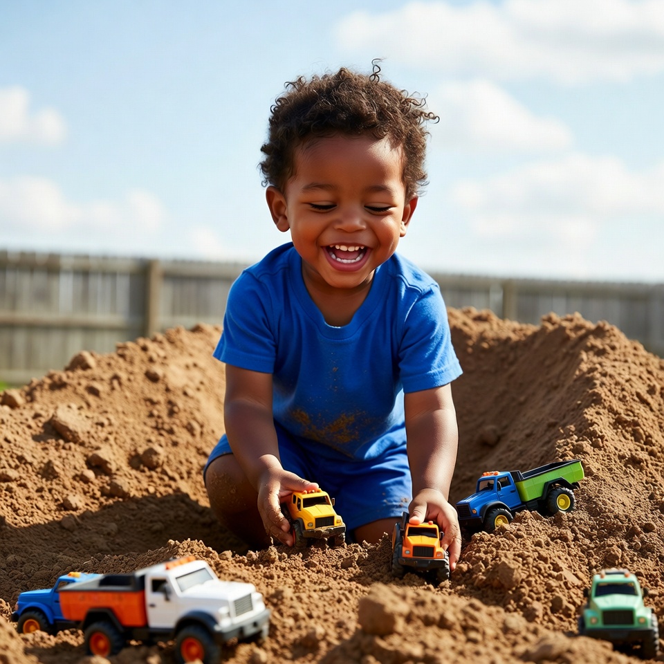 African-American toddler playing toy trucks sand African-American toddler playing toy trucks sand