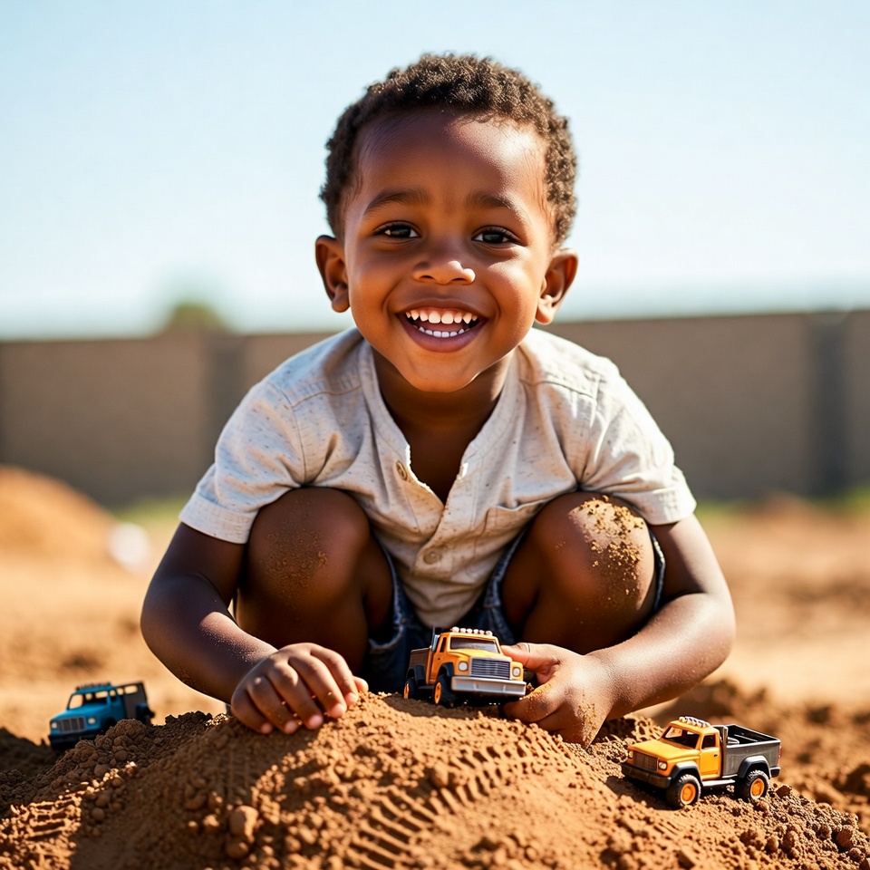 African-American boy playing with toy trucks African-American boy playing with toy trucks