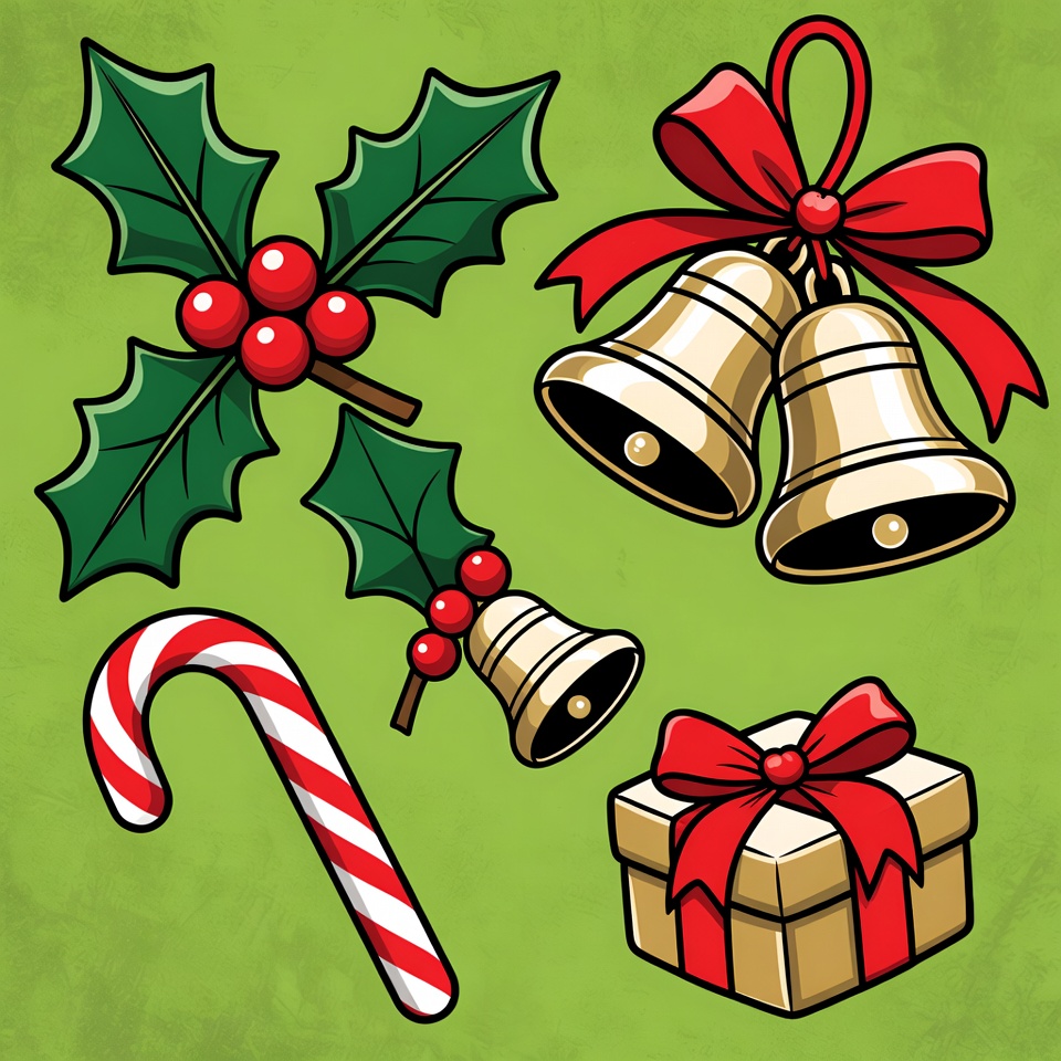 Christmas Holly Bells Candy Cane Gift Clipart Christmas Holly Bells Candy Cane Gift Clipart