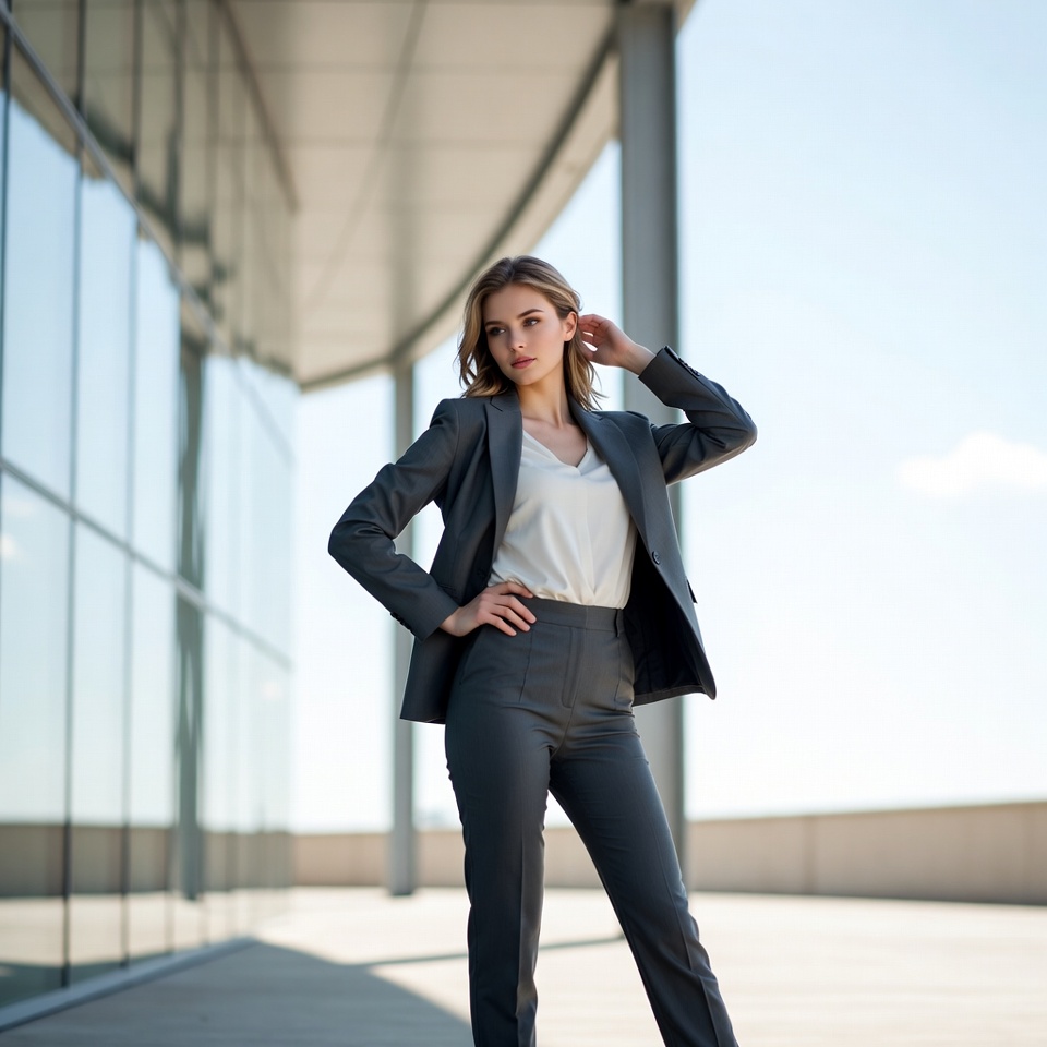 Woman in gray suit posing outside Woman in gray suit posing outside