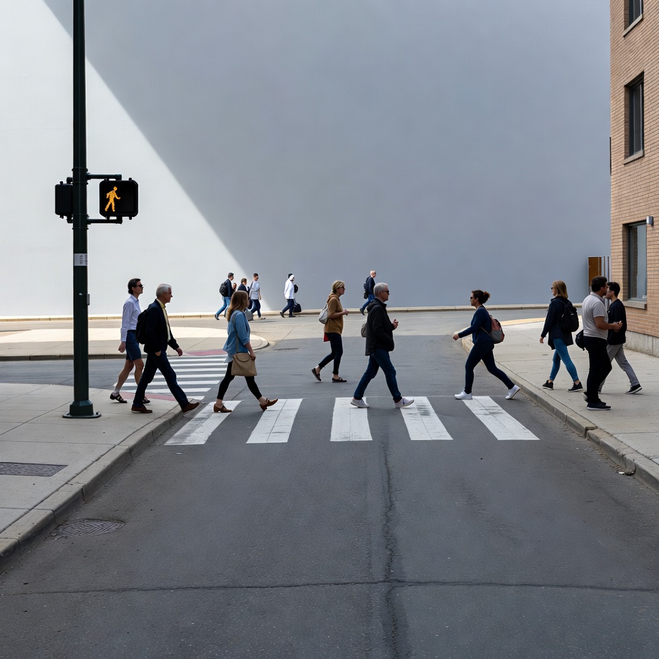 Crowd crossing street at pedestrian crosswalk Crowd crossing street at pedestrian crosswalk