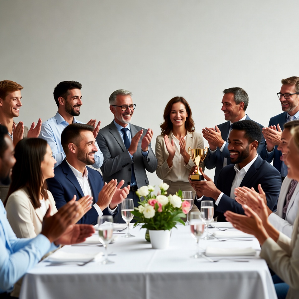 Diverse team applauding trophy winner Diverse team applauding trophy winner