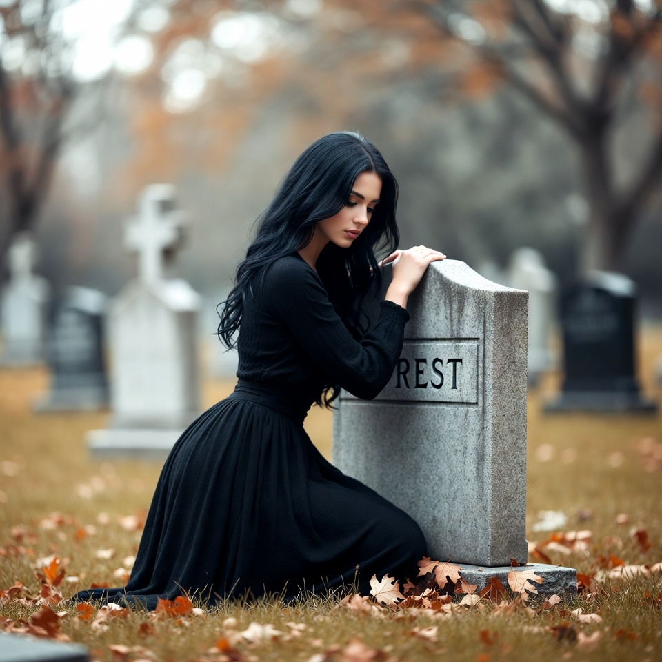 Woman kneeling at gravestone in cemetery Woman kneeling at gravestone in cemetery